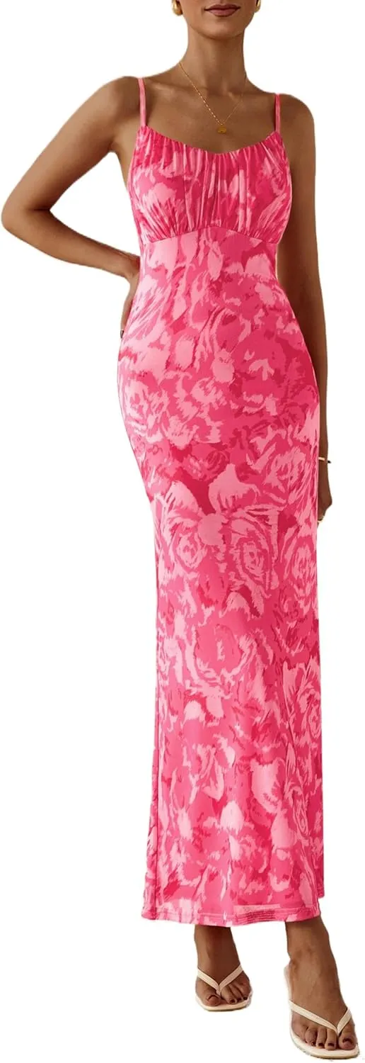PRETTYGARDEN Women's Bodycon Maxi Dress 2025 Summer Floral Sundress Sleeveless Spaghetti Strap Cocktail Party Dress