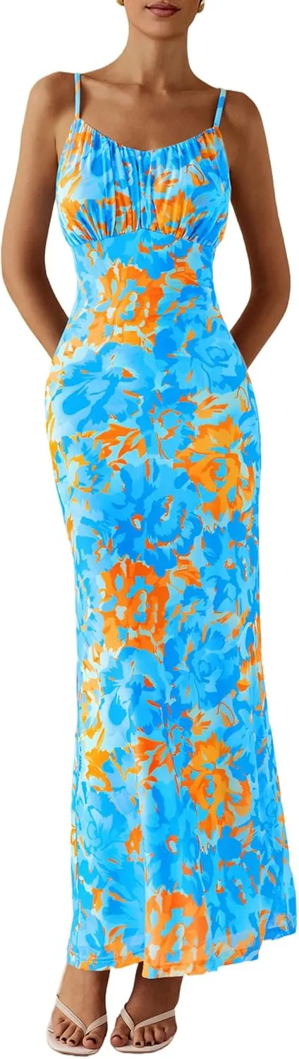 PRETTYGARDEN Women's Bodycon Maxi Dress 2025 Summer Floral Sundress Sleeveless Spaghetti Strap Cocktail Party Dress