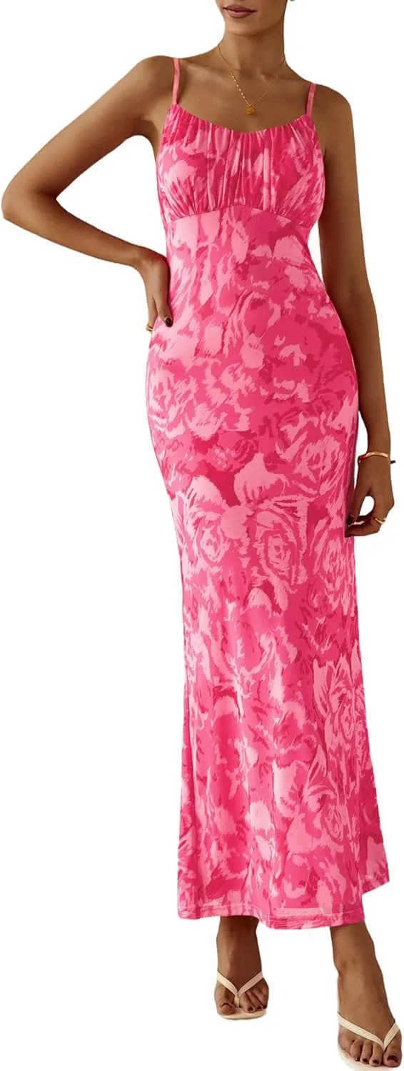PRETTYGARDEN Women's Bodycon Maxi Dress 2025 Summer Floral Sundress Sleeveless Spaghetti Strap Cocktail Party Dress