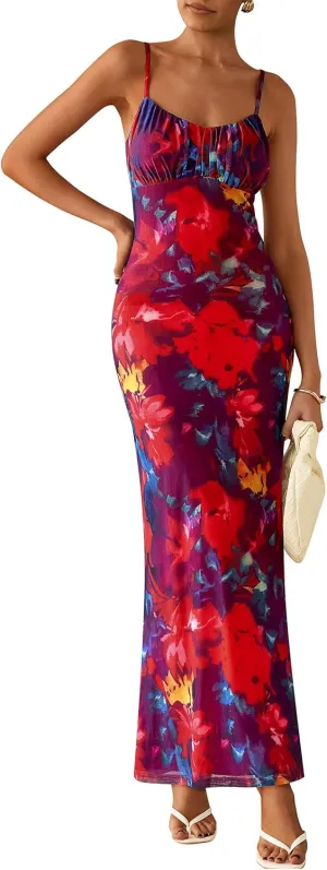 PRETTYGARDEN Women's Bodycon Maxi Dress 2025 Summer Floral Sundress Sleeveless Spaghetti Strap Cocktail Party Dress