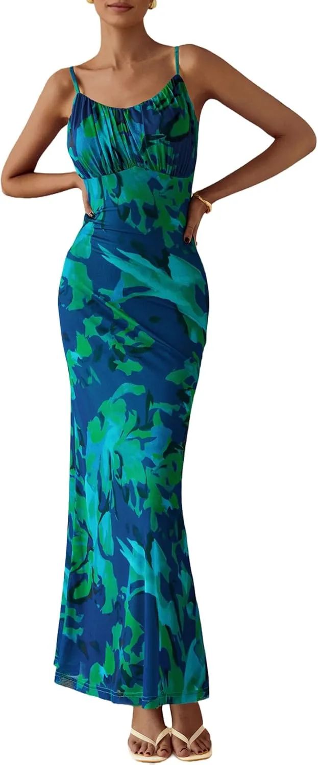 PRETTYGARDEN Women's Bodycon Maxi Dress 2025 Summer Floral Sundress Sleeveless Spaghetti Strap Cocktail Party Dress
