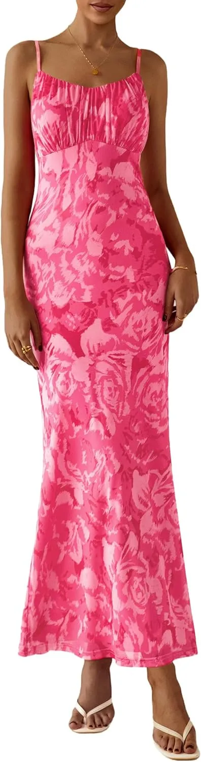 PRETTYGARDEN Women's Bodycon Maxi Dress 2025 Summer Floral Sundress Sleeveless Spaghetti Strap Cocktail Party Dress
