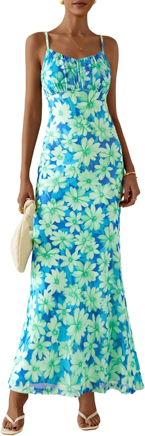 PRETTYGARDEN Women's Bodycon Maxi Dress 2025 Summer Floral Sundress Sleeveless Spaghetti Strap Cocktail Party Dress