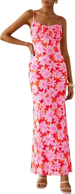 PRETTYGARDEN Women's Bodycon Maxi Dress 2025 Summer Floral Sundress Sleeveless Spaghetti Strap Cocktail Party Dress