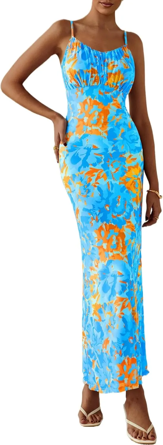 PRETTYGARDEN Women's Bodycon Maxi Dress 2025 Summer Floral Sundress Sleeveless Spaghetti Strap Cocktail Party Dress