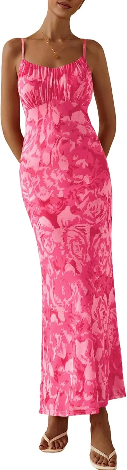 PRETTYGARDEN Women's Bodycon Maxi Dress 2025 Summer Floral Sundress Sleeveless Spaghetti Strap Cocktail Party Dress