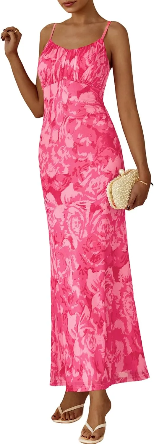 PRETTYGARDEN Women's Bodycon Maxi Dress 2025 Summer Floral Sundress Sleeveless Spaghetti Strap Cocktail Party Dress