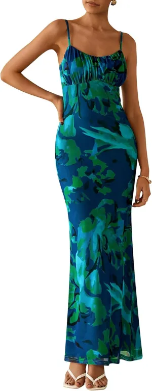 PRETTYGARDEN Women's Bodycon Maxi Dress 2025 Summer Floral Sundress Sleeveless Spaghetti Strap Cocktail Party Dress
