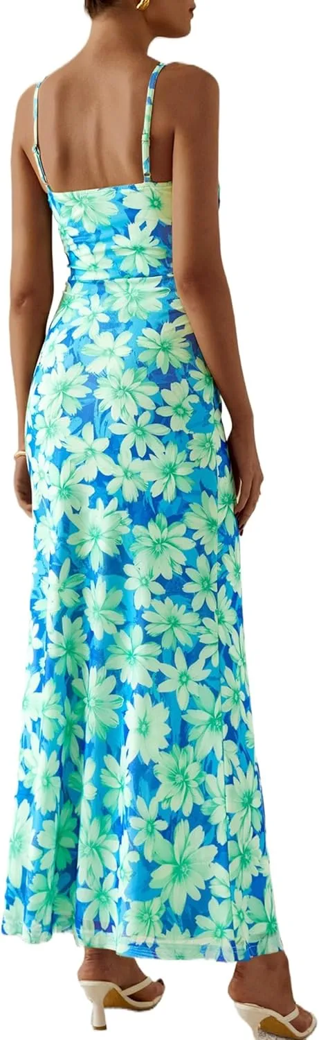 PRETTYGARDEN Women's Bodycon Maxi Dress 2025 Summer Floral Sundress Sleeveless Spaghetti Strap Cocktail Party Dress