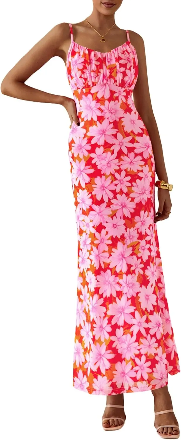 PRETTYGARDEN Women's Bodycon Maxi Dress 2025 Summer Floral Sundress Sleeveless Spaghetti Strap Cocktail Party Dress