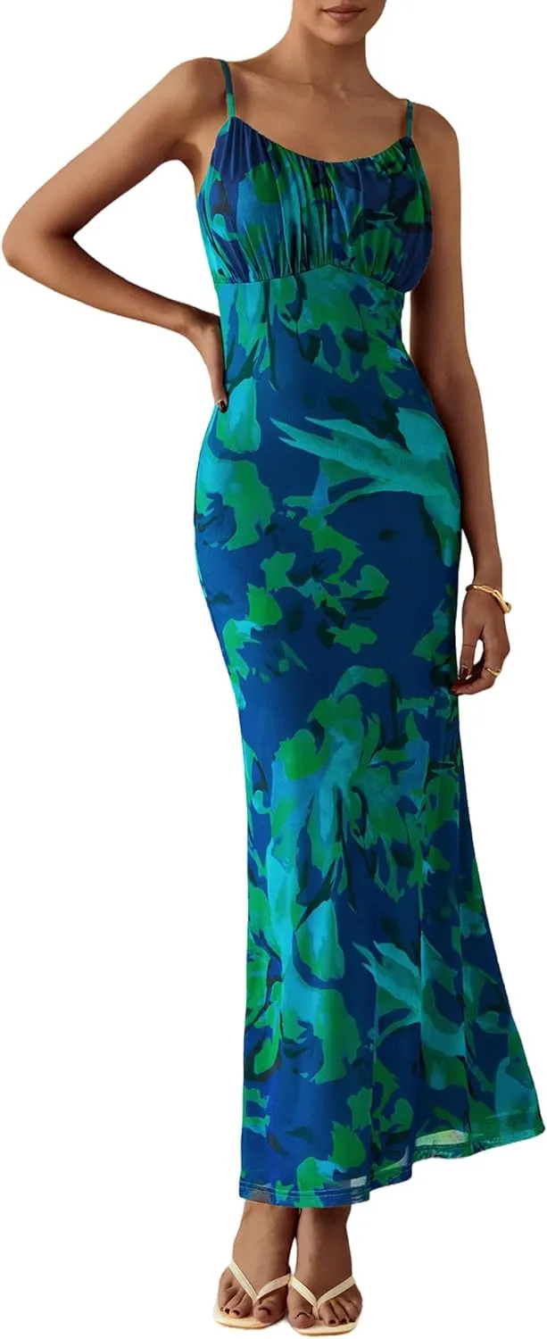 PRETTYGARDEN Women's Bodycon Maxi Dress 2025 Summer Floral Sundress Sleeveless Spaghetti Strap Cocktail Party Dress