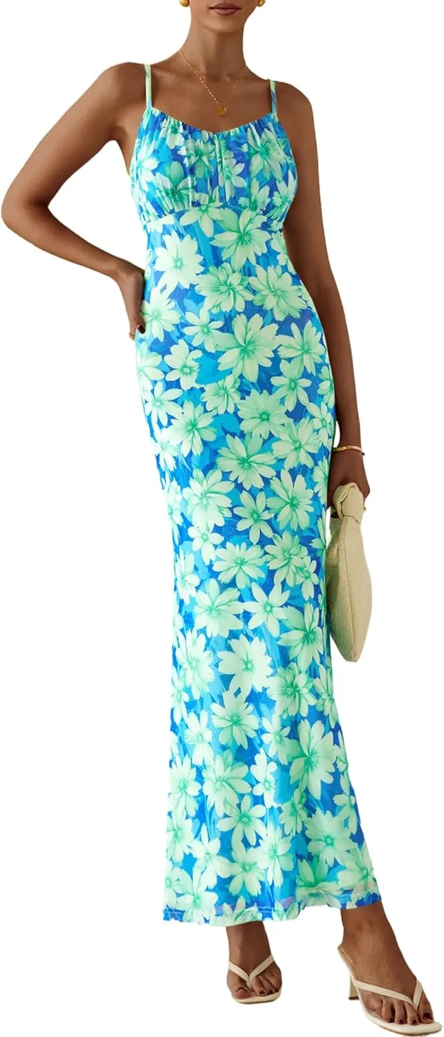 PRETTYGARDEN Women's Bodycon Maxi Dress 2025 Summer Floral Sundress Sleeveless Spaghetti Strap Cocktail Party Dress