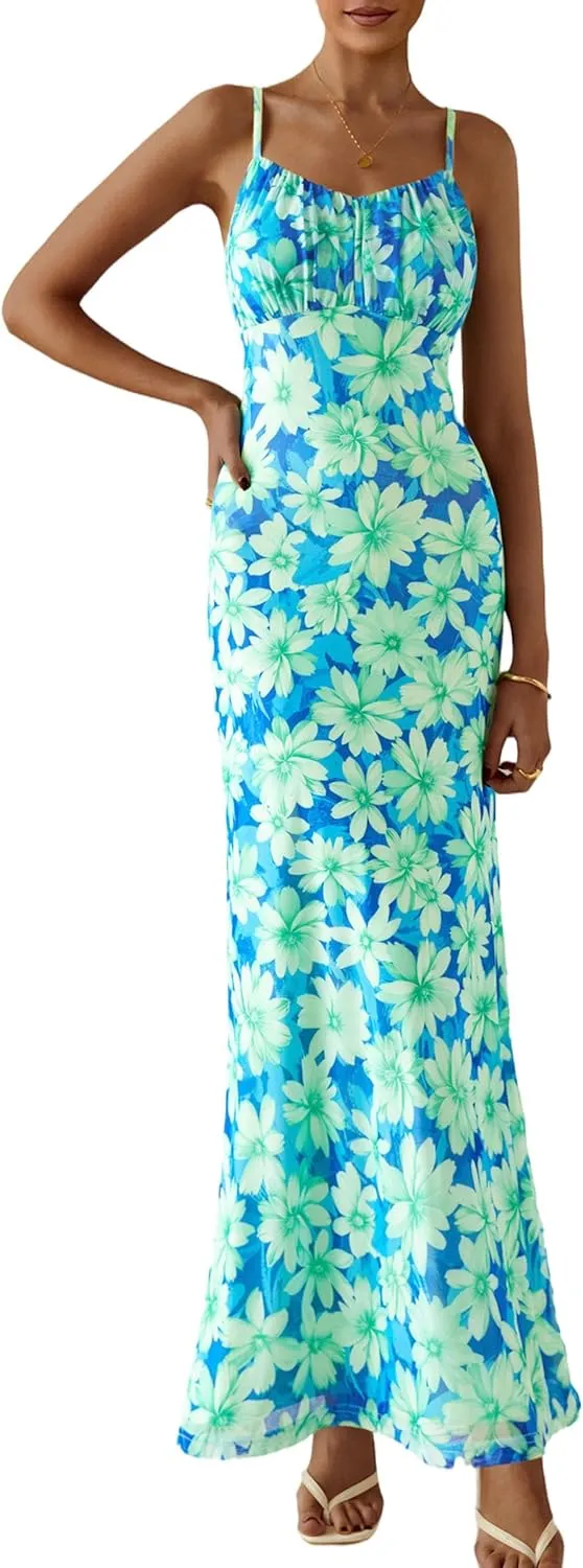 PRETTYGARDEN Women's Bodycon Maxi Dress 2025 Summer Floral Sundress Sleeveless Spaghetti Strap Cocktail Party Dress