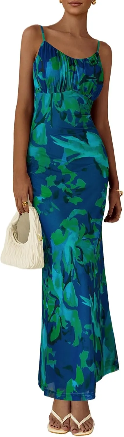 PRETTYGARDEN Women's Bodycon Maxi Dress 2025 Summer Floral Sundress Sleeveless Spaghetti Strap Cocktail Party Dress
