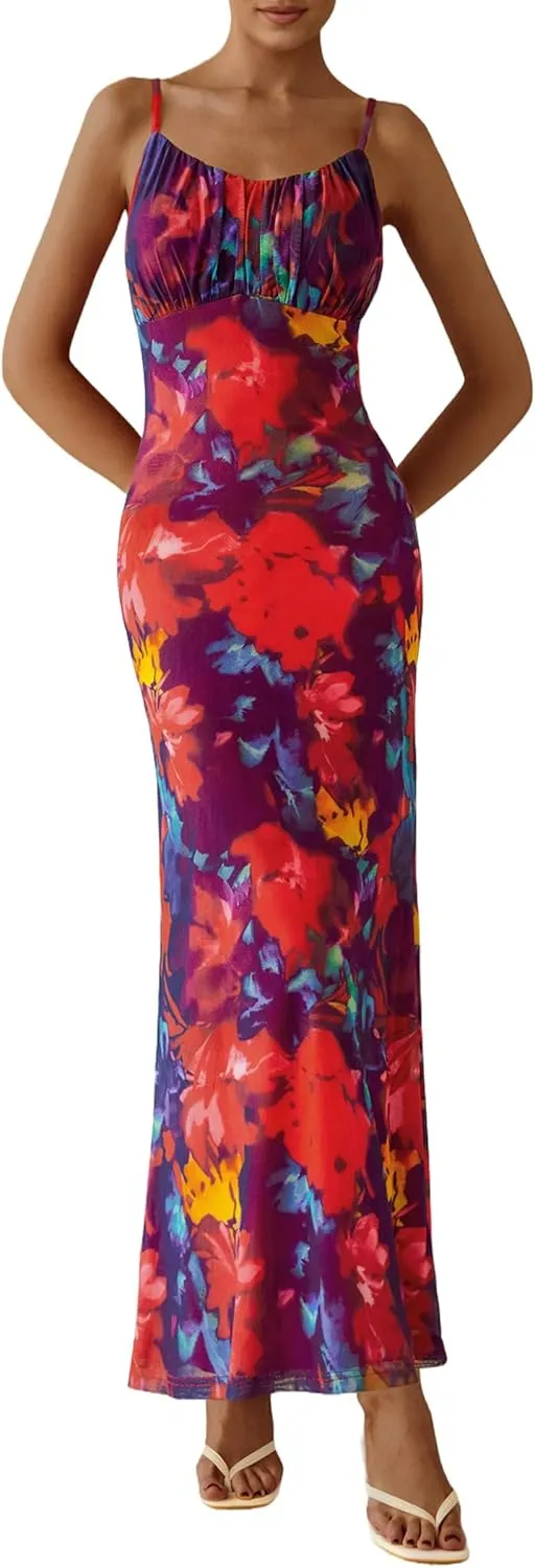 PRETTYGARDEN Women's Bodycon Maxi Dress 2025 Summer Floral Sundress Sleeveless Spaghetti Strap Cocktail Party Dress