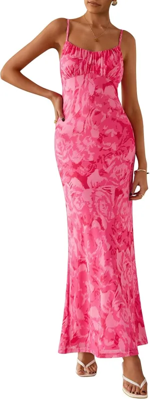PRETTYGARDEN Women's Bodycon Maxi Dress 2025 Summer Floral Sundress Sleeveless Spaghetti Strap Cocktail Party Dress