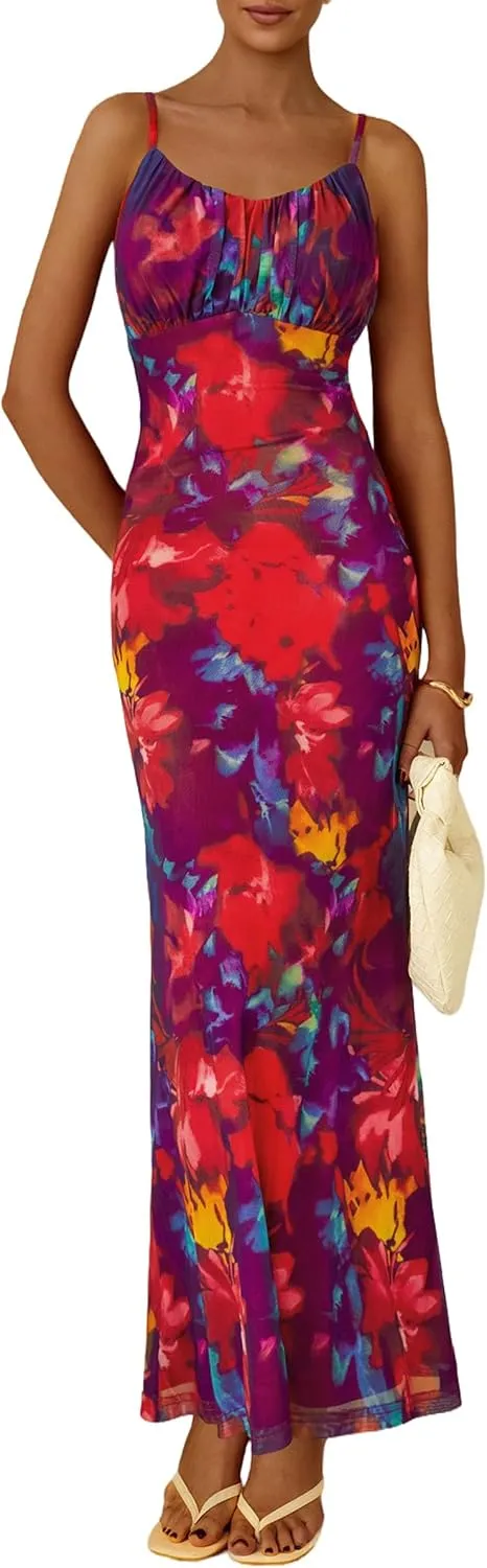PRETTYGARDEN Women's Bodycon Maxi Dress 2025 Summer Floral Sundress Sleeveless Spaghetti Strap Cocktail Party Dress