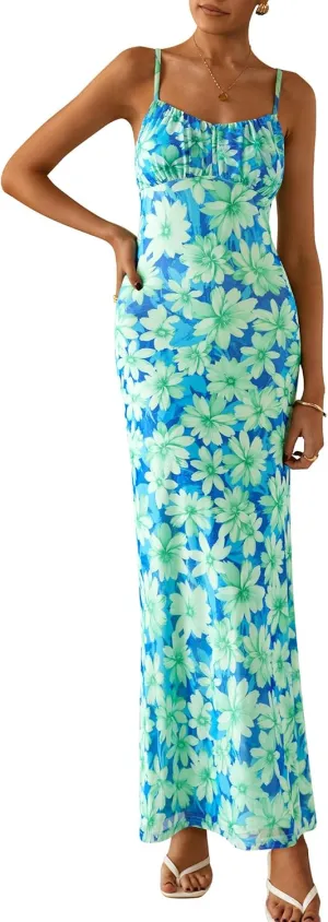PRETTYGARDEN Women's Bodycon Maxi Dress 2025 Summer Floral Sundress Sleeveless Spaghetti Strap Cocktail Party Dress