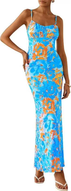 PRETTYGARDEN Women's Bodycon Maxi Dress 2025 Summer Floral Sundress Sleeveless Spaghetti Strap Cocktail Party Dress
