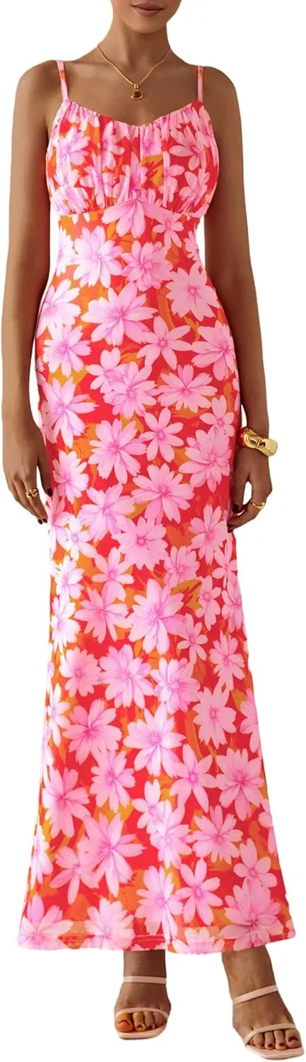 PRETTYGARDEN Women's Bodycon Maxi Dress 2025 Summer Floral Sundress Sleeveless Spaghetti Strap Cocktail Party Dress