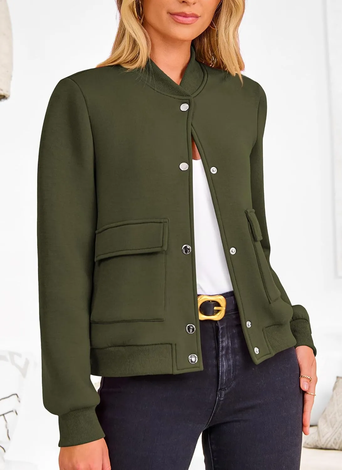 PRETTYGARDEN Women's Bomber Jackets Winter Trendy Varsity Jackets Shackets Button Down Cropped Coats with Pockets