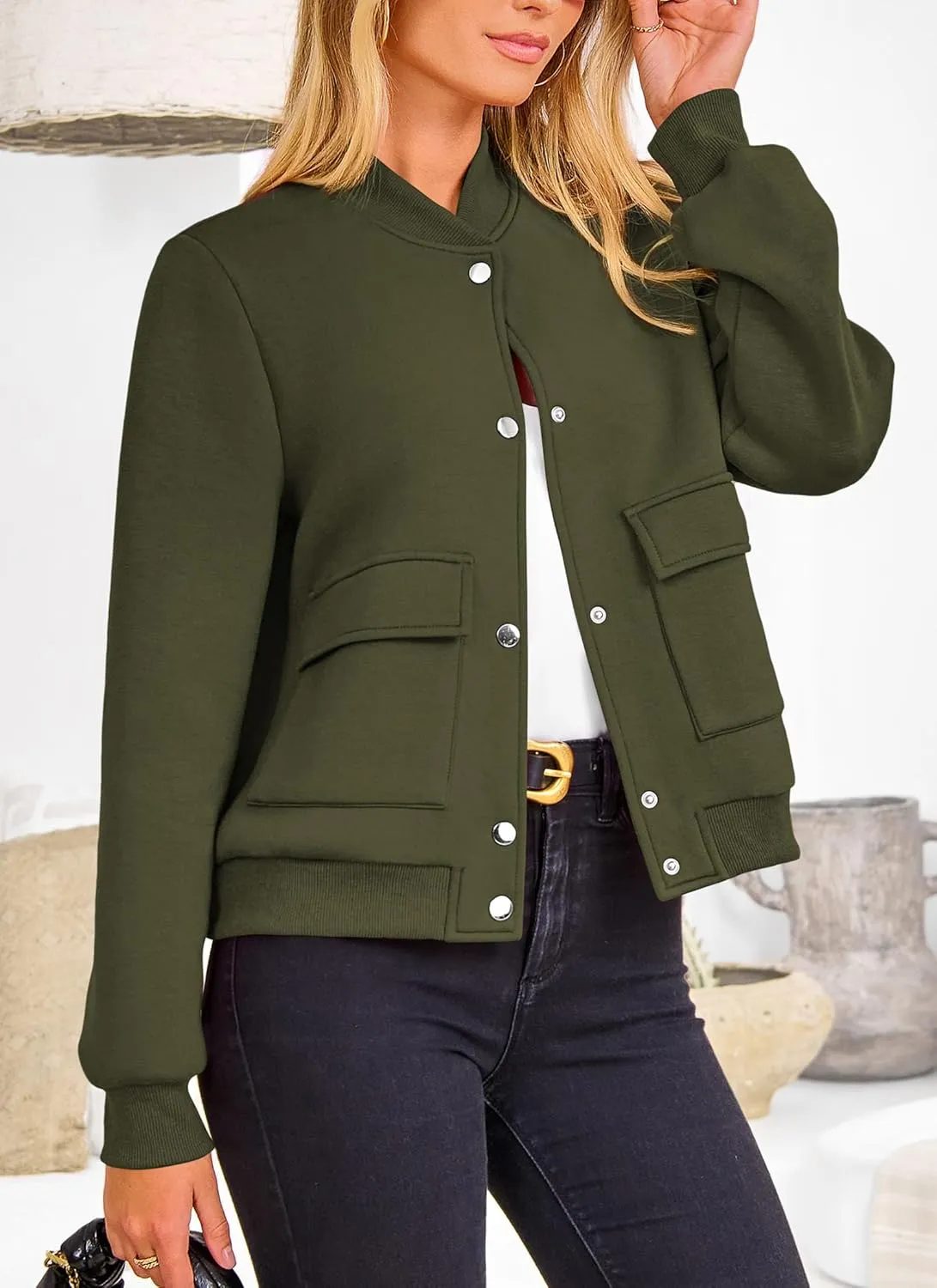 PRETTYGARDEN Women's Bomber Jackets Winter Trendy Varsity Jackets Shackets Button Down Cropped Coats with Pockets