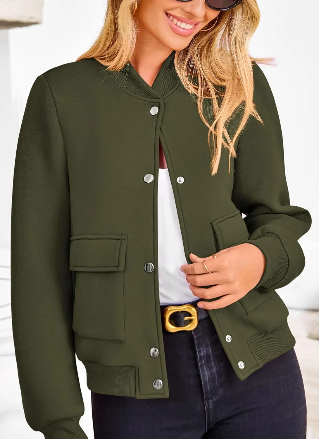 PRETTYGARDEN Women's Bomber Jackets Winter Trendy Varsity Jackets Shackets Button Down Cropped Coats with Pockets