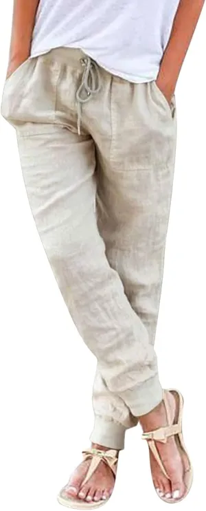 PTOLOCIF Beach Pants for Women,Drawstring Elastic Waist Pants Cotton Linen Tapered Pants Casual Travel Pants Trousers