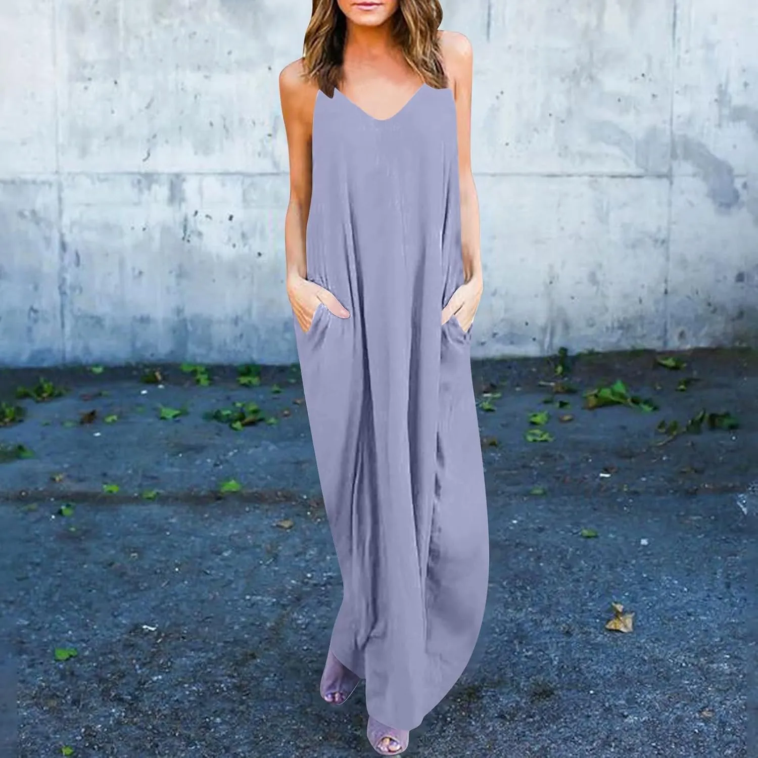 PTOLOCIF Dresses for Women 2025 Spaghetti Strap Backless Beach Tank Dress Casual Flowy Tired V Neck Maxi Dress with Pockets