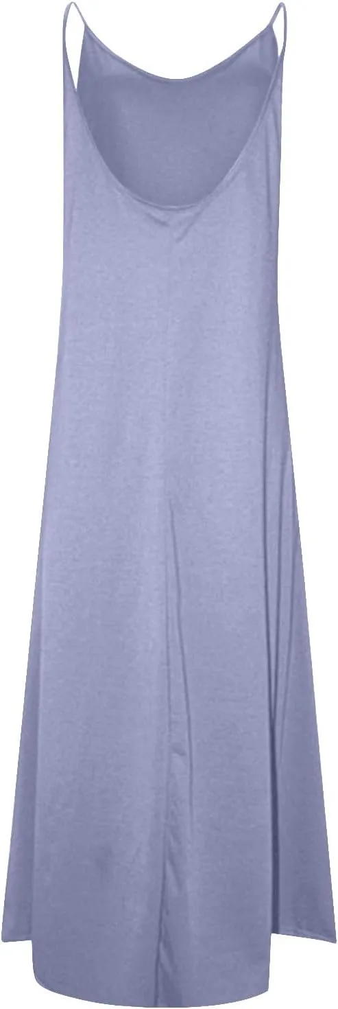 PTOLOCIF Dresses for Women 2025 Spaghetti Strap Backless Beach Tank Dress Casual Flowy Tired V Neck Maxi Dress with Pockets