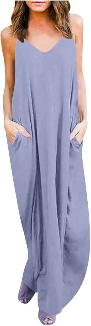 PTOLOCIF Dresses for Women 2025 Spaghetti Strap Backless Beach Tank Dress Casual Flowy Tired V Neck Maxi Dress with Pockets