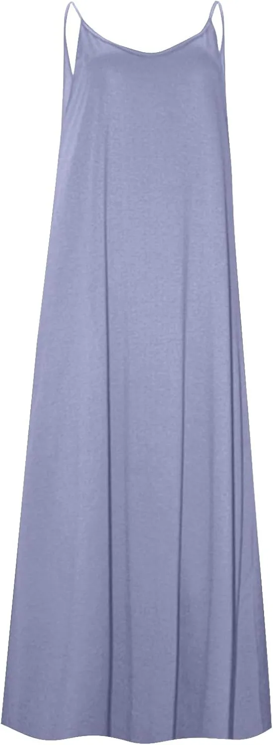 PTOLOCIF Dresses for Women 2025 Spaghetti Strap Backless Beach Tank Dress Casual Flowy Tired V Neck Maxi Dress with Pockets