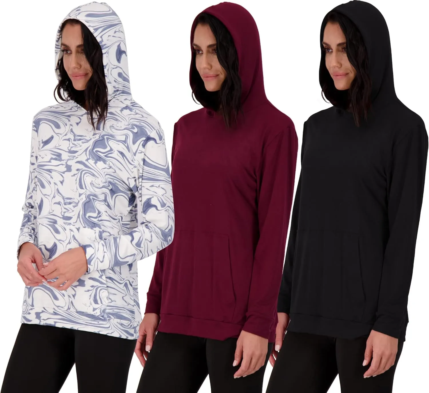 Real Essentials 3 Pack: Women's Dry Fit Long-Sleeve Hoodie Pullover Sweatshirt Pocket - Active Lounge (Available In Plus)