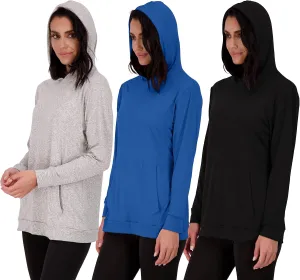 Real Essentials 3 Pack: Women's Dry Fit Long-Sleeve Hoodie Pullover Sweatshirt Pocket - Active Lounge (Available In Plus)