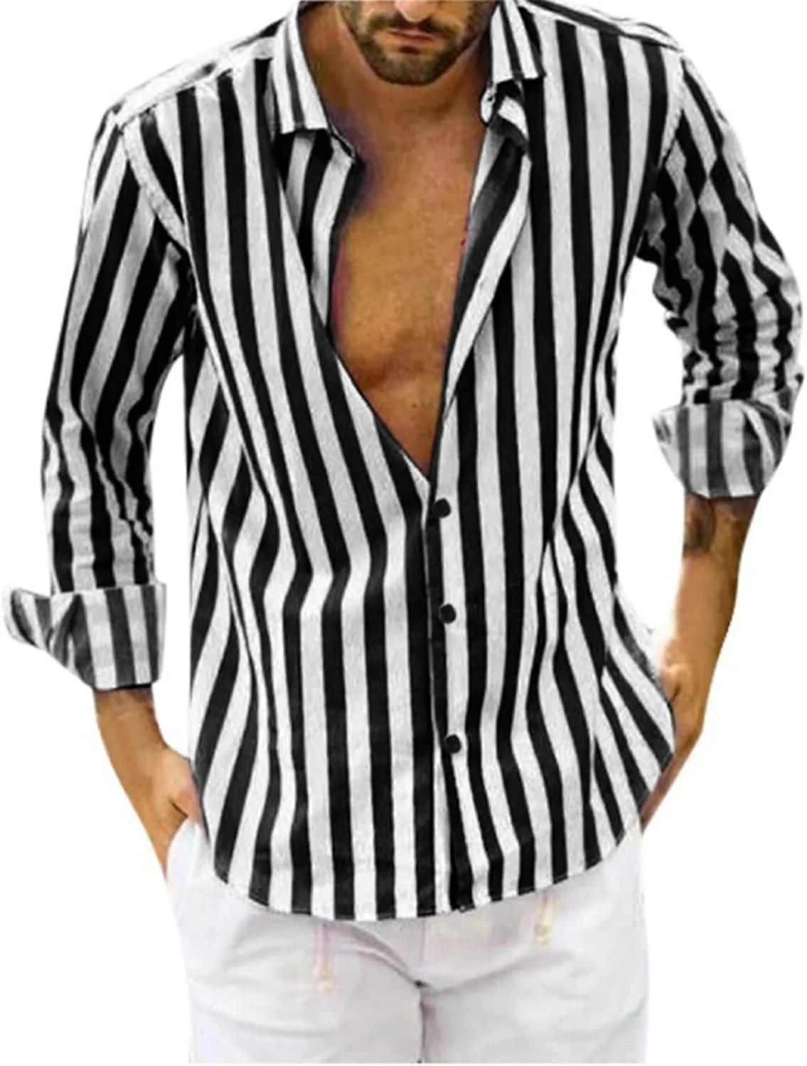 Rela Bota Mens Fashion Striped Shirts Beach Casual Button Down Henley Shirts Long Sleeve Dress Shirts Cotton Shirts