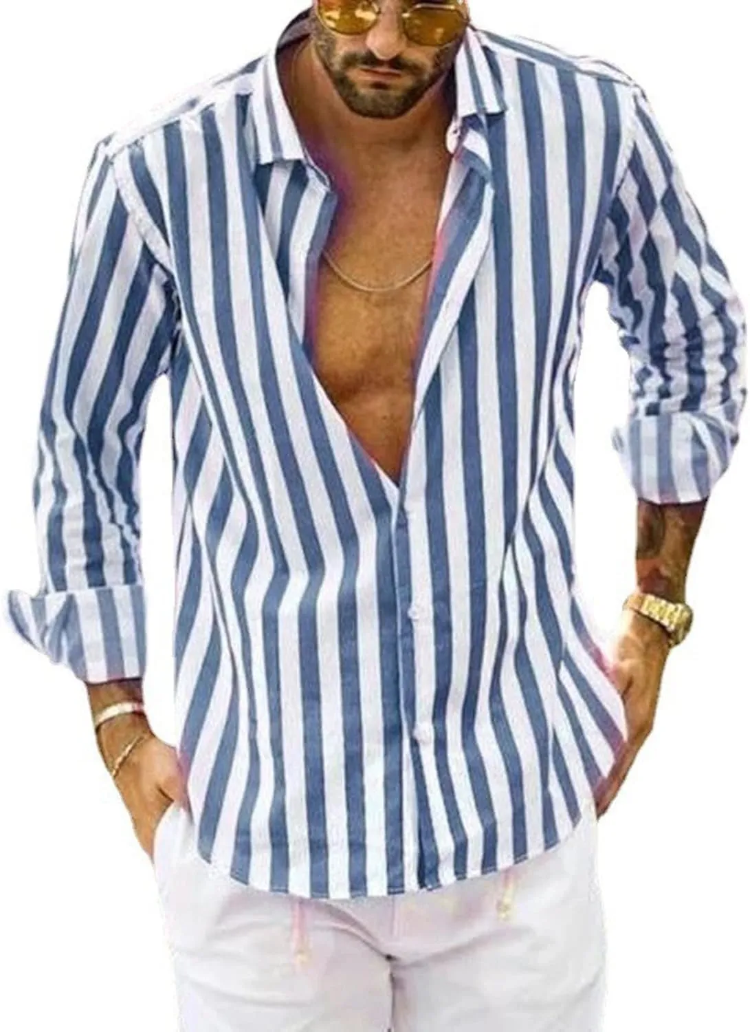 Rela Bota Mens Fashion Striped Shirts Beach Casual Button Down Henley Shirts Long Sleeve Dress Shirts Cotton Shirts