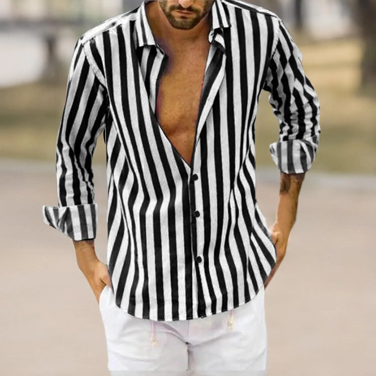 Rela Bota Mens Fashion Striped Shirts Beach Casual Button Down Henley Shirts Long Sleeve Dress Shirts Cotton Shirts