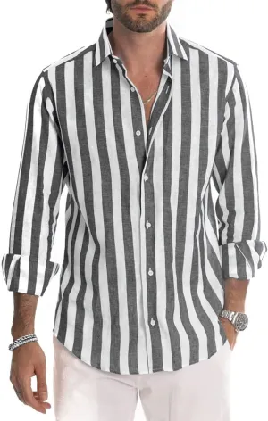 Rela Bota Mens Fashion Striped Shirts Beach Casual Button Down Henley Shirts Long Sleeve Dress Shirts Cotton Shirts