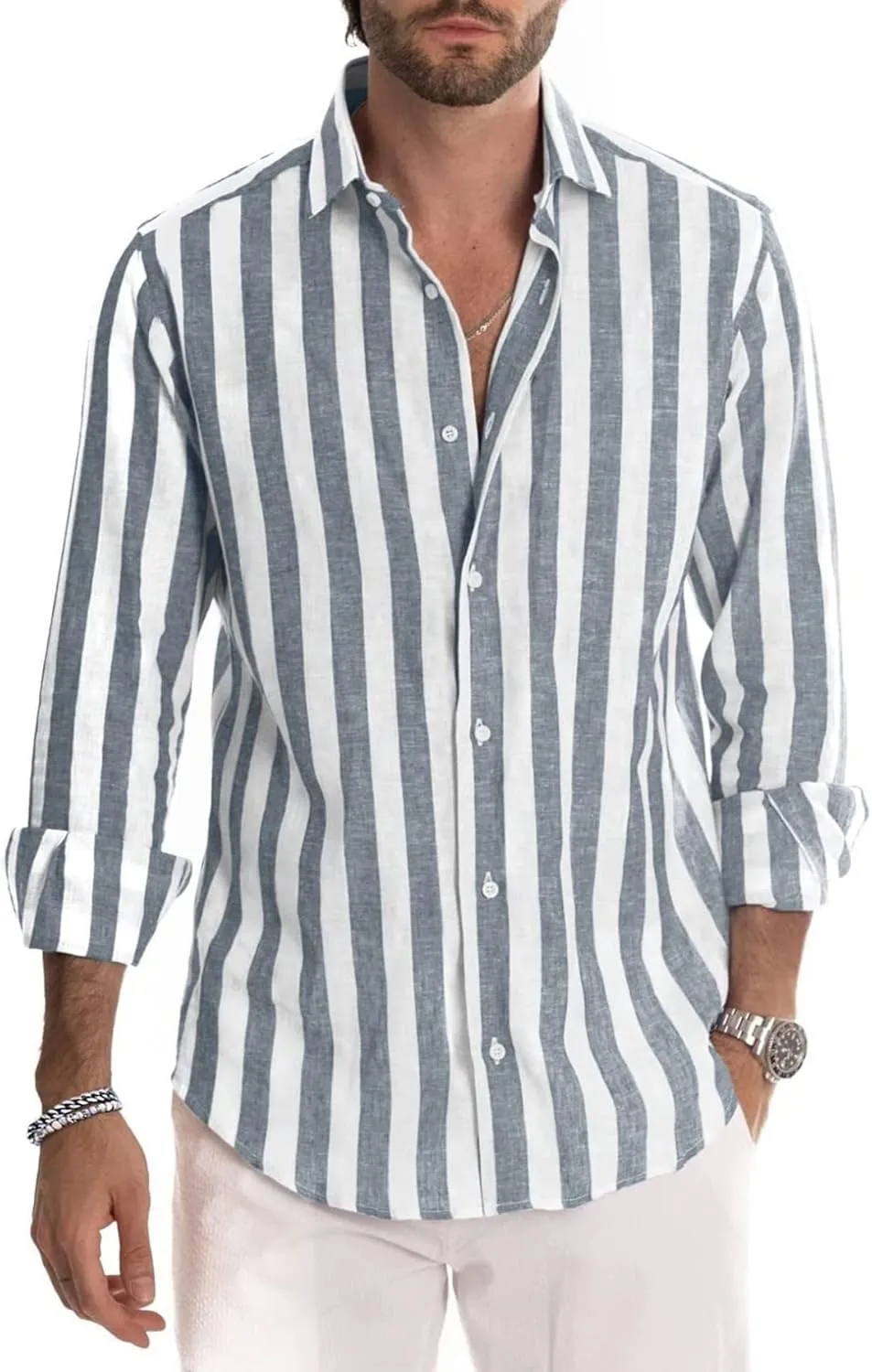 Rela Bota Mens Fashion Striped Shirts Beach Casual Button Down Henley Shirts Long Sleeve Dress Shirts Cotton Shirts