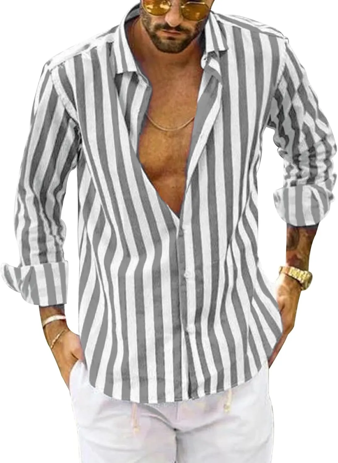 Rela Bota Mens Fashion Striped Shirts Beach Casual Button Down Henley Shirts Long Sleeve Dress Shirts Cotton Shirts