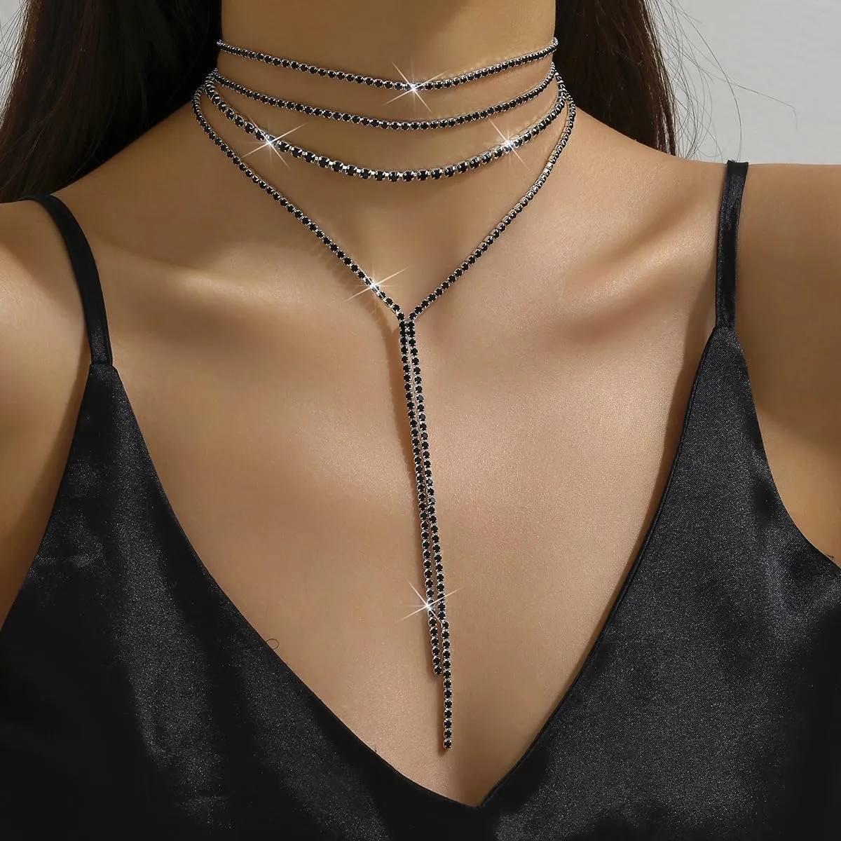 Rhinestone Choker Necklaces Shinny Crystal Y Long Neckalce Dainty Layered Sparkly Collar Necklaces Tassel Chain Necklaces