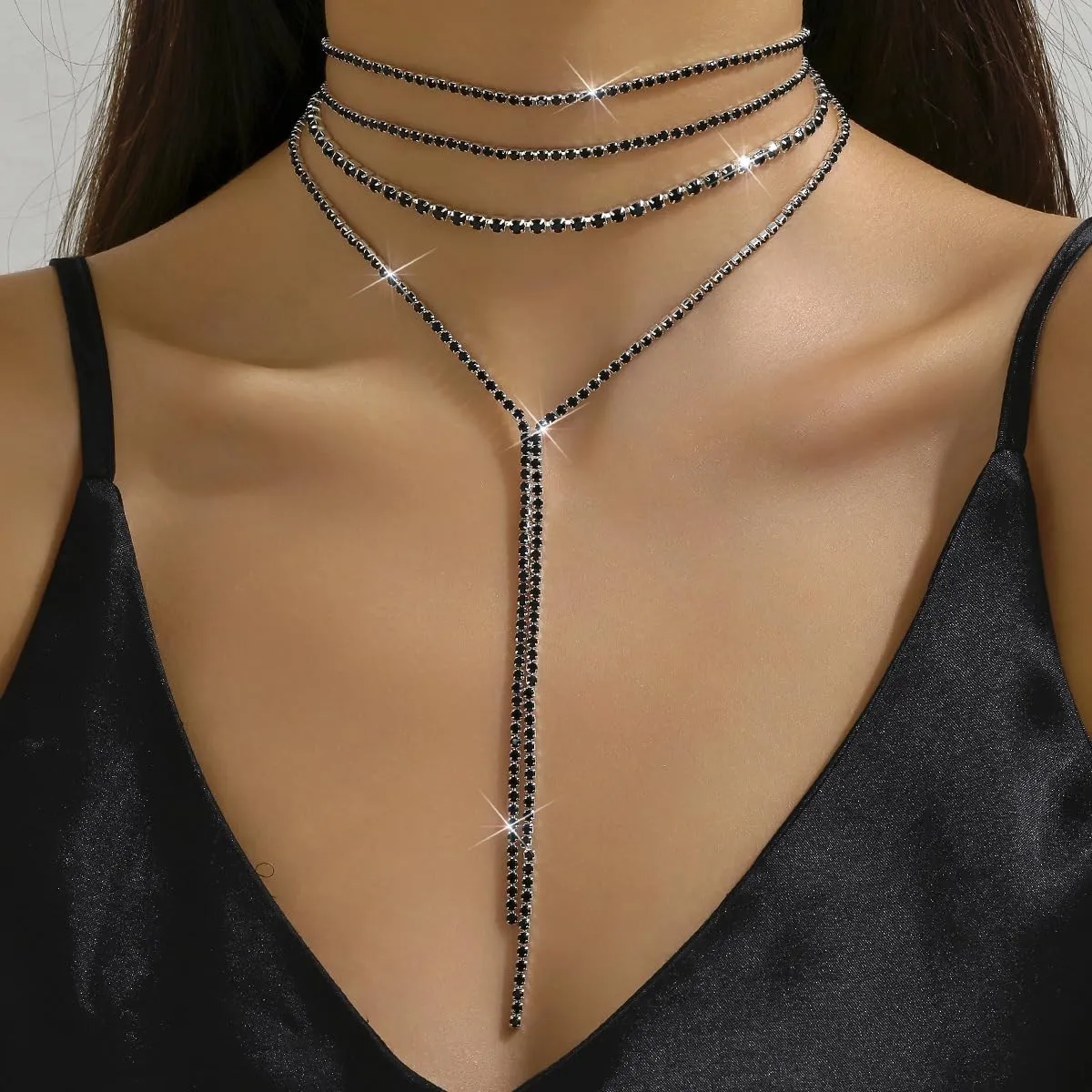 Rhinestone Choker Necklaces Shinny Crystal Y Long Neckalce Dainty Layered Sparkly Collar Necklaces Tassel Chain Necklaces