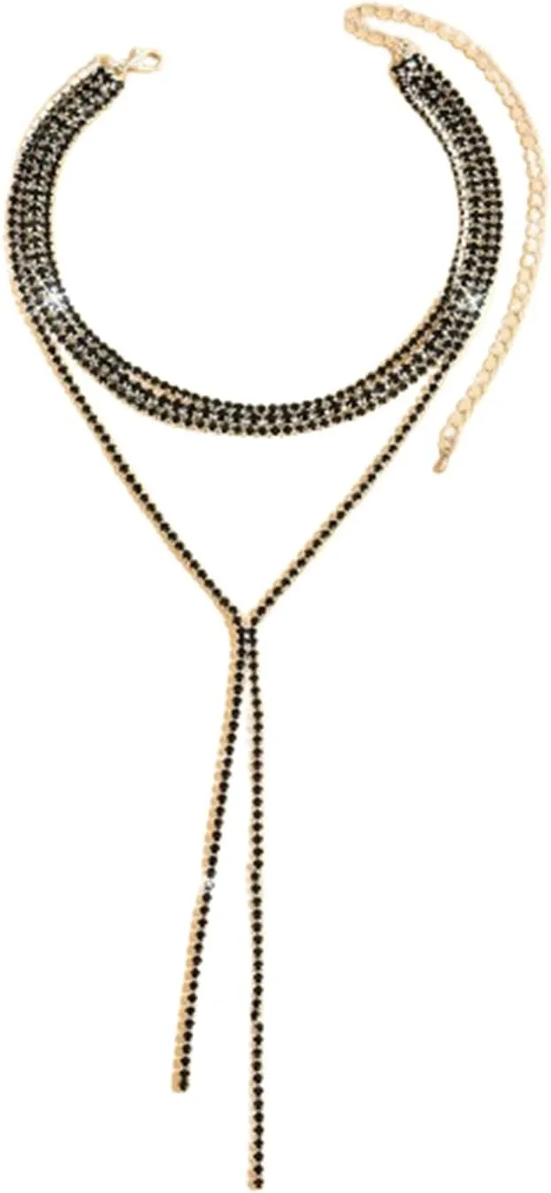 Rhinestone Choker Necklaces Shinny Crystal Y Long Neckalce Dainty Layered Sparkly Collar Necklaces Tassel Chain Necklaces