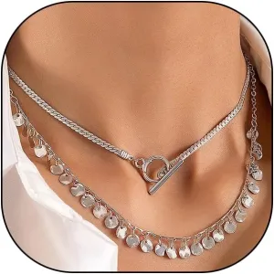 Rrdaily Boho Double Layer Chain Necklaces for Women Punk Geometric Sequins Necklaces Stackable Choker Necklaces Adjustable Jewelry Accessories