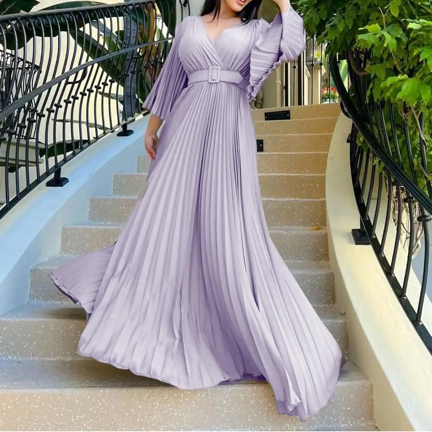 Rvidbe Long Sleeve Bridesmaid Dresses for Women V-Neck Formal Dress Plus Pleated A Line Chiffon Evening Prom Gown with Belt