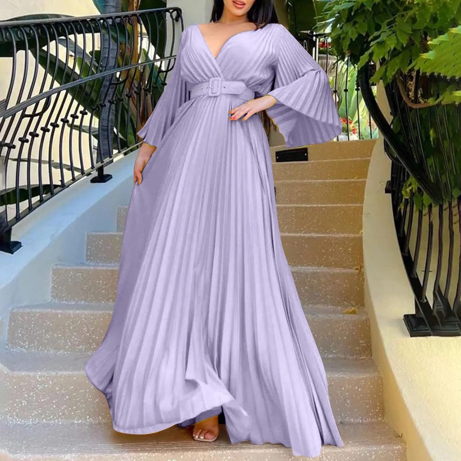 Rvidbe Long Sleeve Bridesmaid Dresses for Women V-Neck Formal Dress Plus Pleated A Line Chiffon Evening Prom Gown with Belt