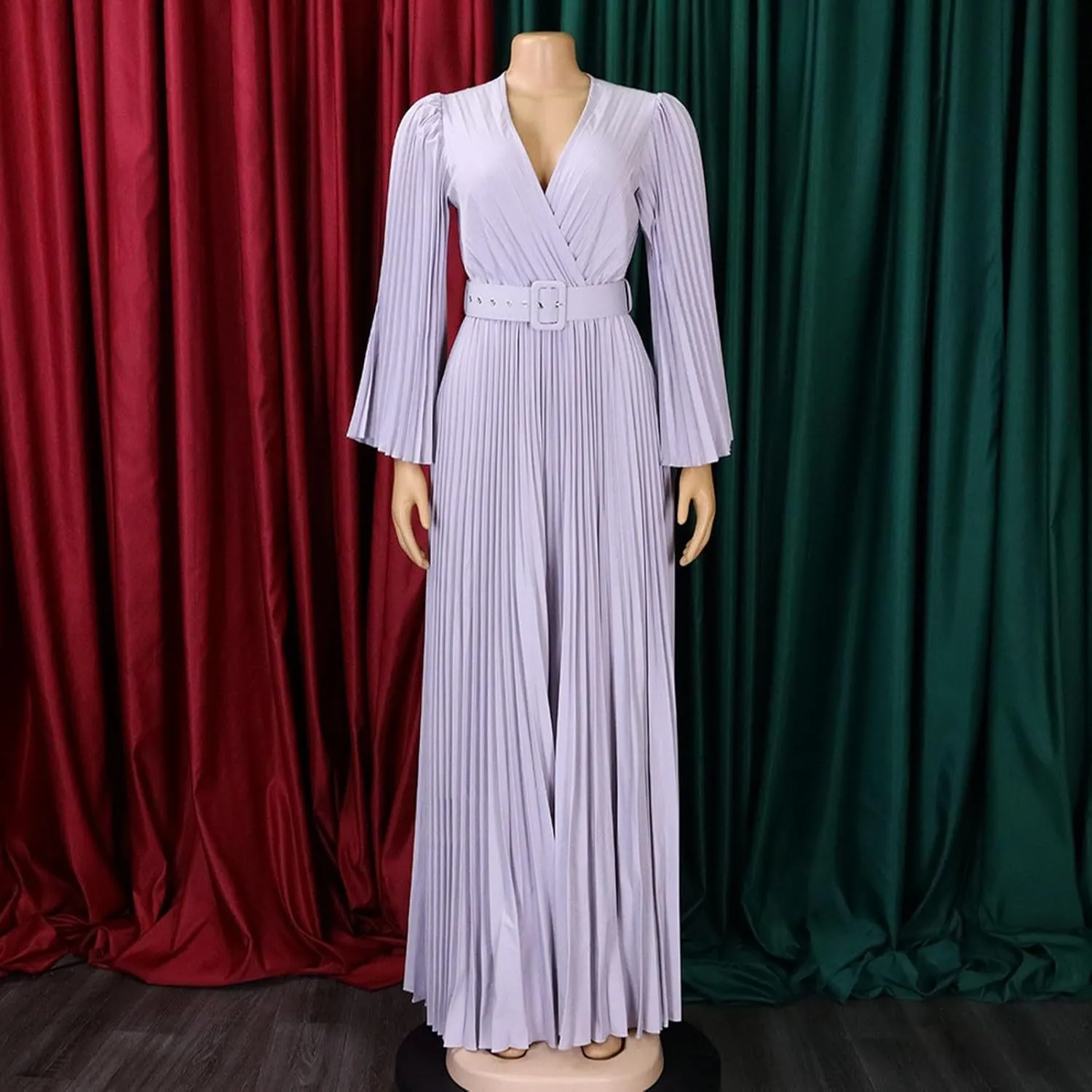 Rvidbe Long Sleeve Bridesmaid Dresses for Women V-Neck Formal Dress Plus Pleated A Line Chiffon Evening Prom Gown with Belt