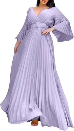 Rvidbe Long Sleeve Bridesmaid Dresses for Women V-Neck Formal Dress Plus Pleated A Line Chiffon Evening Prom Gown with Belt