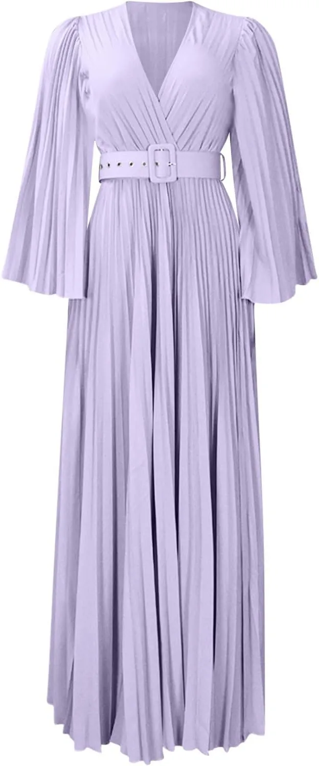 Rvidbe Long Sleeve Bridesmaid Dresses for Women V-Neck Formal Dress Plus Pleated A Line Chiffon Evening Prom Gown with Belt