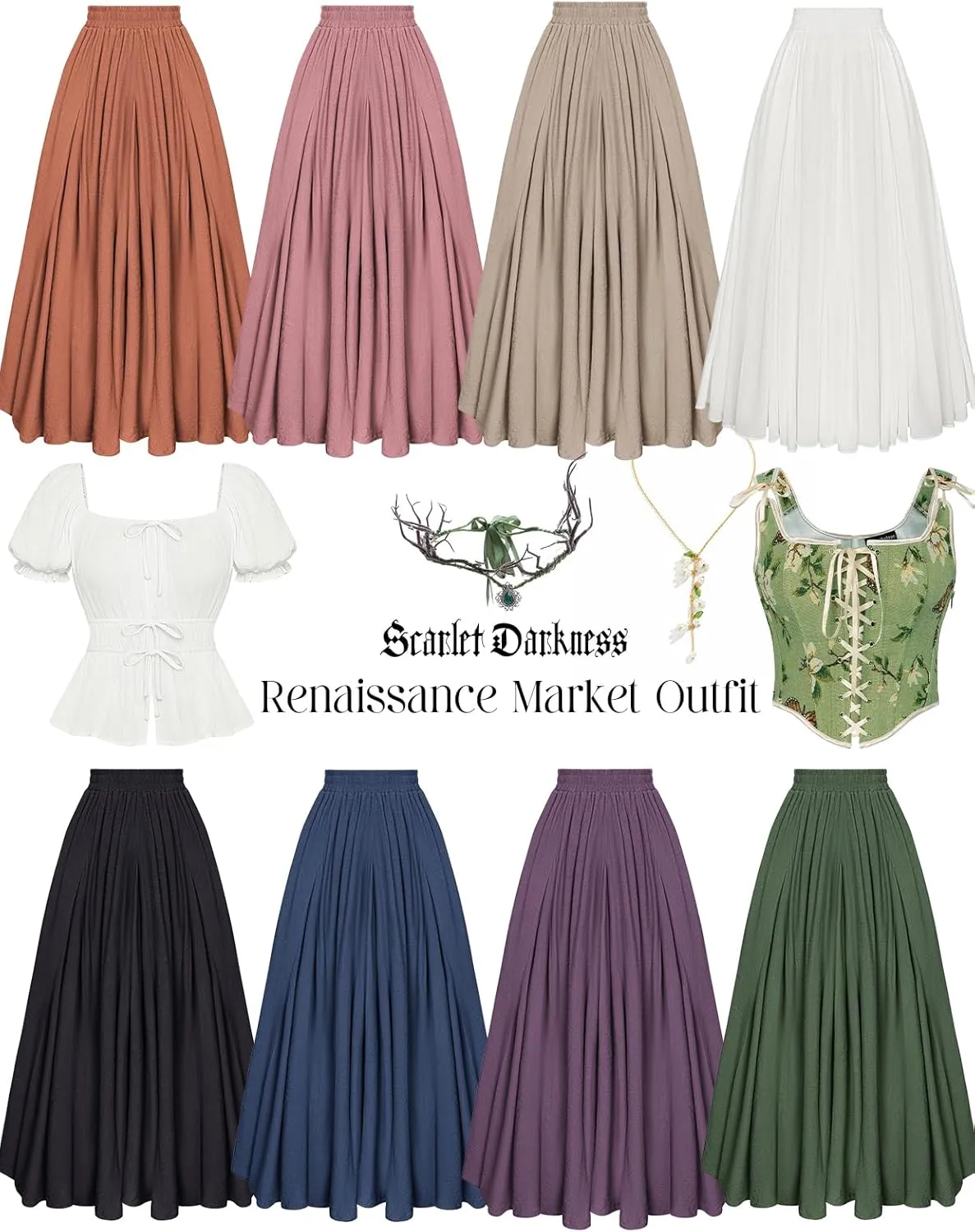 Scarlet Darkness Women Casual Maxi Skirt Flowy Bohemian Renaissance Long Skirts